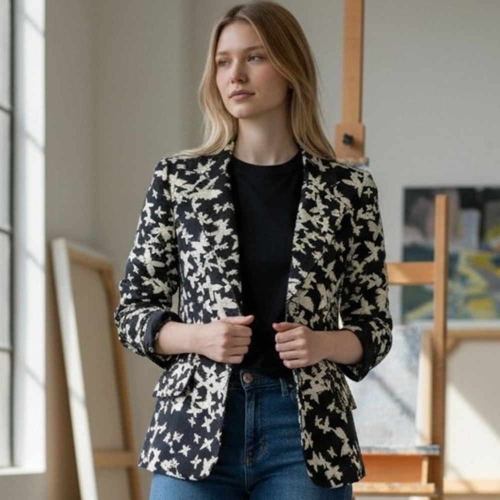 Artsy Whimsical Kasper 100% Silk Butterfly Print Blazer Jacket Sz 10 Cottagecore